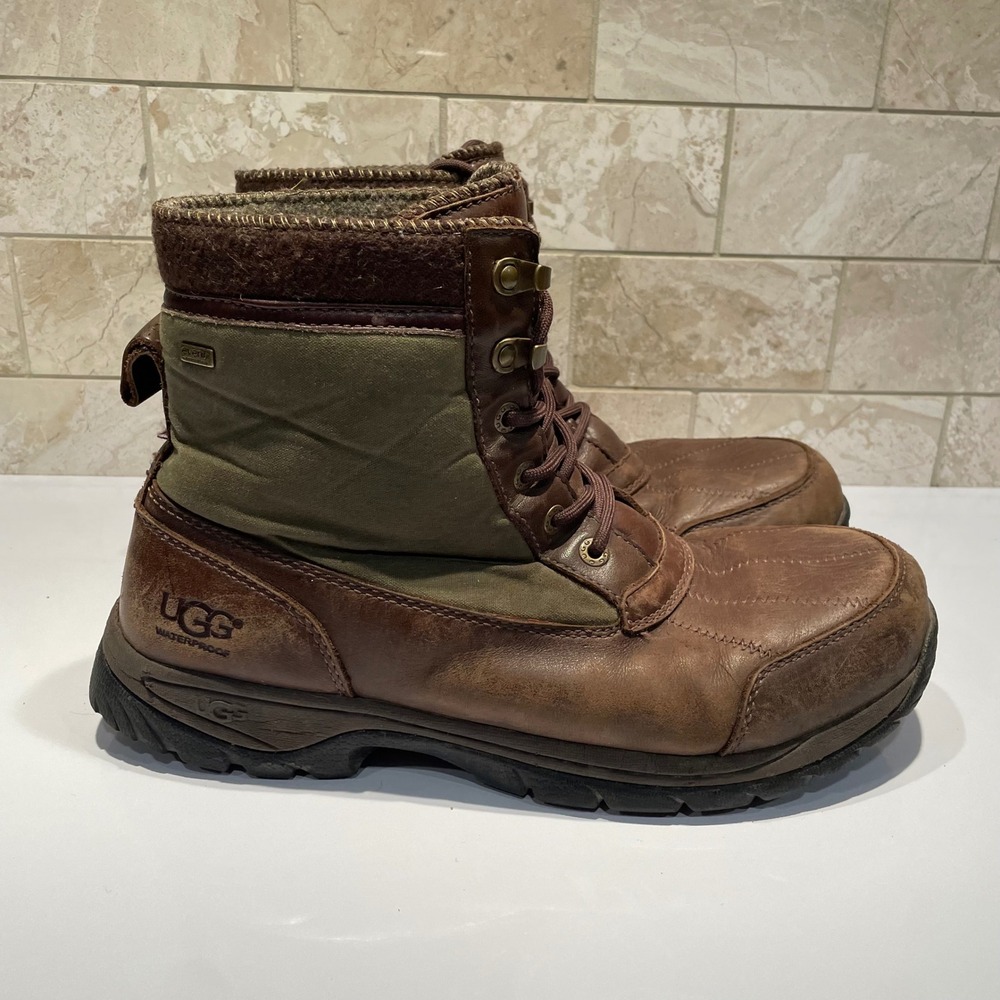 UGG Mens Eaglin Stout Waterproof Leather Winter Snow Boots Brown Olive Size 11
